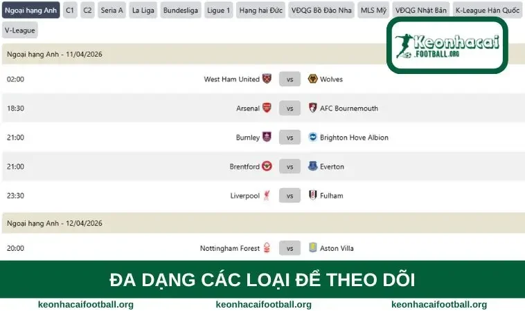 Hỗ trợ theo dõi lịch thi đấu của nhiều giải đấu