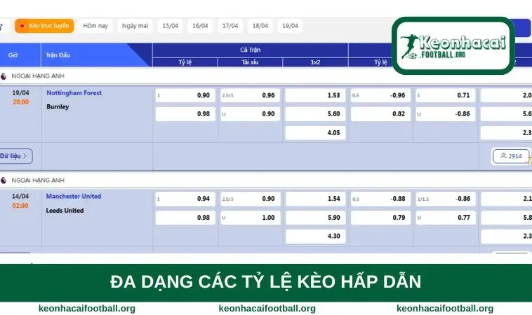 Đa dạng các tỷ lệ kèo hấp dẫn