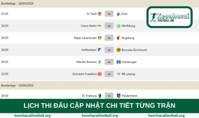 Lịch thi đấu cập nhật chi tiết từng trận